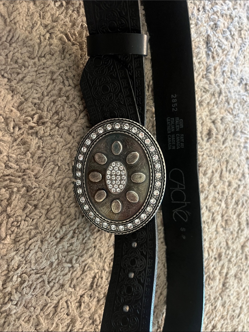 Vtg Black Leather Belt with Decorative Oval Buckle